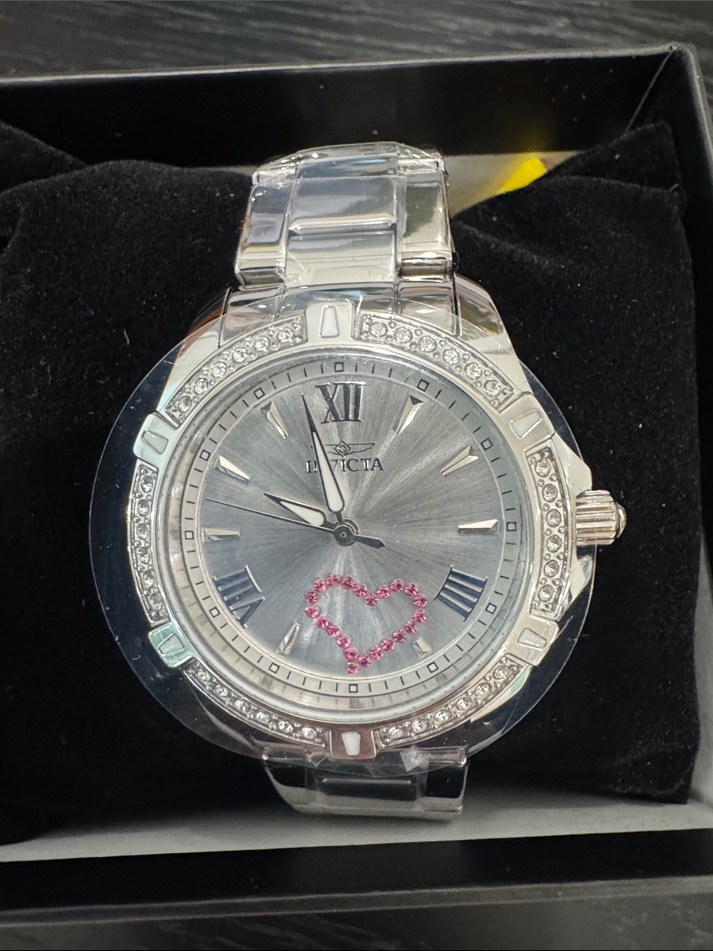Invicta Silver Tone Women’s Watch with Pink Crystal Heart Accent